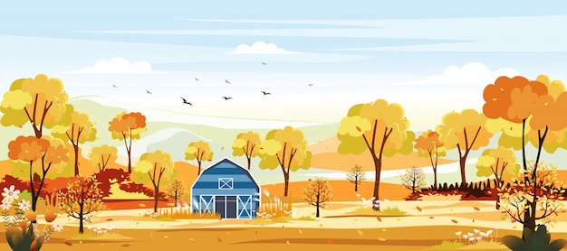 Paysages panoramiques de campagne en automne. panoramique du milieu de l'automne avec ferme au feuillage jaune. paysages des merveilles en automne. Vecteur Premium