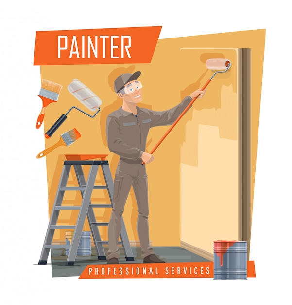 Peintre En Batiment Avec Outils De Travail Service De Peinture Vecteur Premium