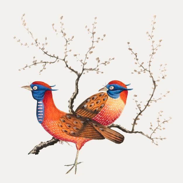 Peinture chinoise représentant deux oiseaux ressemblant à des faisans Vecteur gratuit