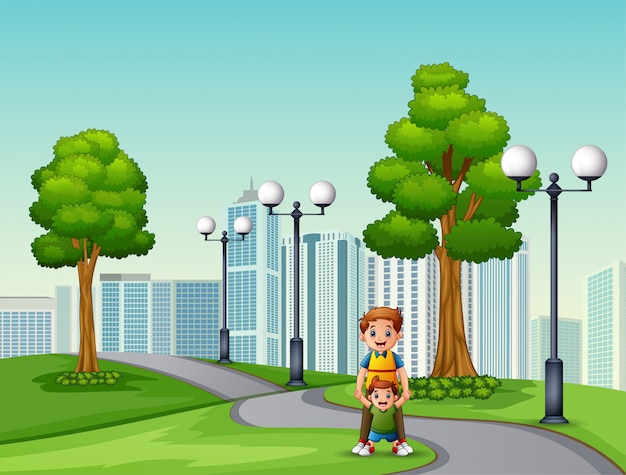 Père heureux avec son fils dans le parc de la ville Vecteur Premium