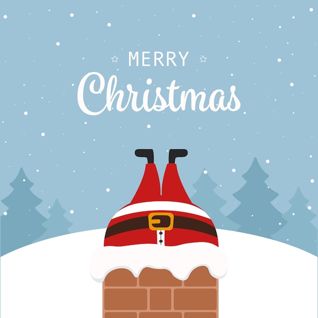 Père noël, coincé, dans, cheminée, noël, salutation, hiver, paysage, fond Vecteur Premium