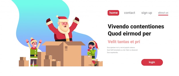 Père noël à l'intérieur de la boîte de papier dans le concept de noël concept elfes helper garçon fille Vecteur Premium