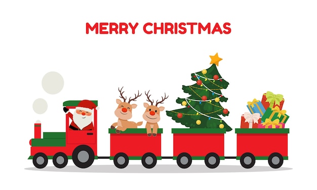 Père Noël Mignon Et Renne Dans Le Train De Noël. Clipart De Vacances D