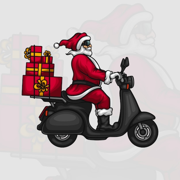 Père Noël Offrant Des Cadeaux Sur Un Scooter | Vecteur Premium