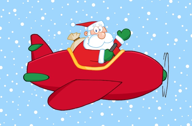 Père Noël Pilotant Son Avion De Noël Dans La Neige Et En Agitant
