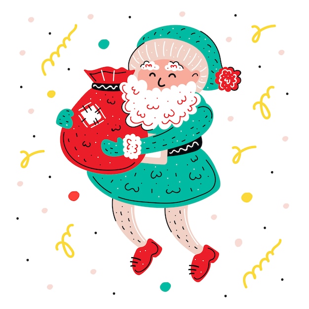 Pere Noel Avec Presente Illustration Dessinee A La Main Pere Noel Colore Avec Des Cadeaux Noel Carte De Voeux De Nouvel An Vecteur Premium