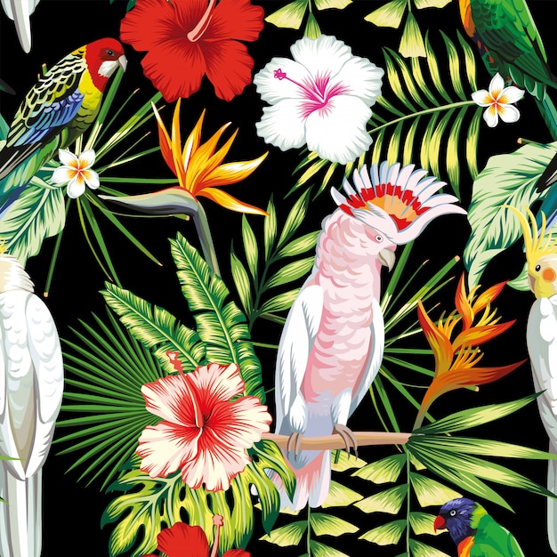 Perroquet Multicolore Exotique Multicolore Tropique Exotiques Ara Avec Plantes Tropicales Feuilles De Palmier Bananier Fleurs Strelitzia Hibiscus Vecteur Premium