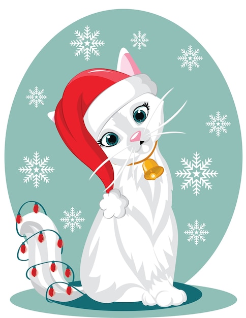 Un Personnage De Chat Assis Avec Illustration De Bonnet De Noel Vecteur Premium