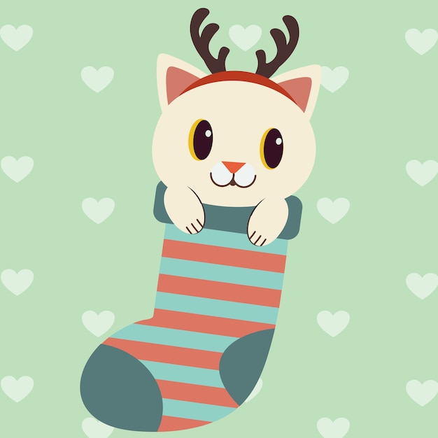 Le Personnage De Chat Mignon Dans La Grande Chaussette Rouge Pour Utiliser Le Theme De Noel Vecteur Premium