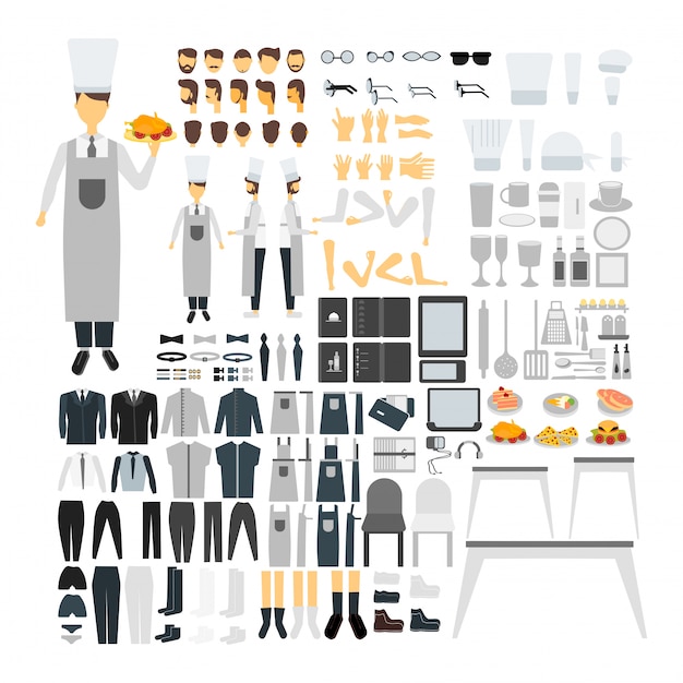 Personnage de cuisine défini pour l'animation avec différents points de vue, coiffure, émotion, pose et geste. Vecteur gratuit