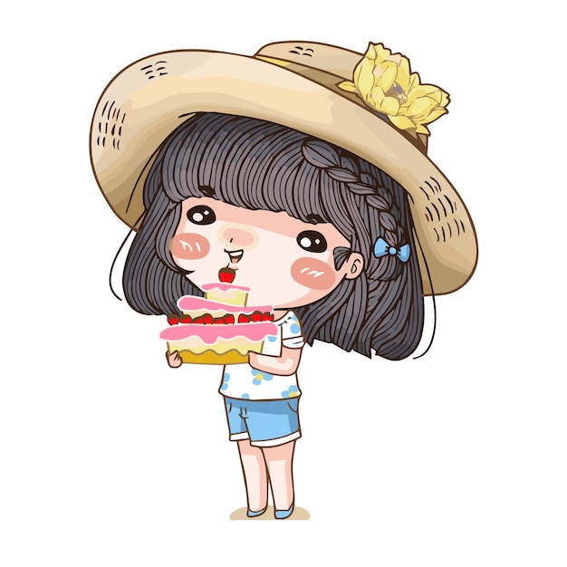 Personnage De Dessin Anime De Fille Avec Gateau D Anniversaire Vecteur Premium