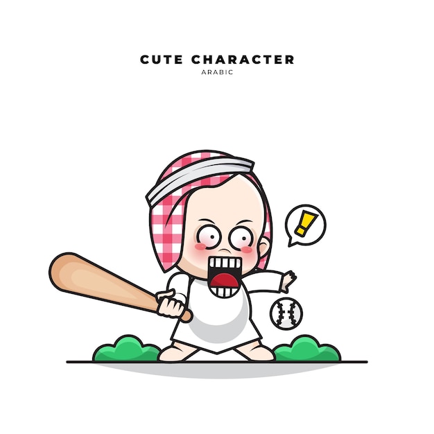 Personnage De Dessin Anime Mignon De Bebe Arabe Jouant Au Baseball Vecteur Premium