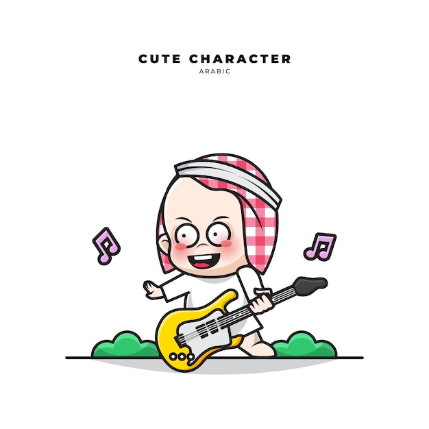 Personnage De Dessin Anime Mignon De Bebe Arabe Joue De La Guitare Vecteur Premium