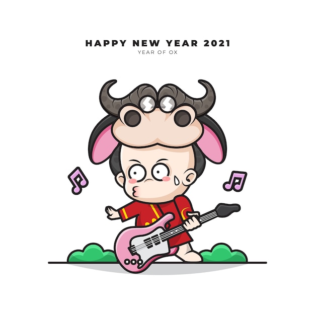 Personnage De Dessin Anime Mignon De Bebe Chinois Avec Costume De Boeuf Jouait De La Guitare Et Salutations De Bonne Annee Vecteur Premium