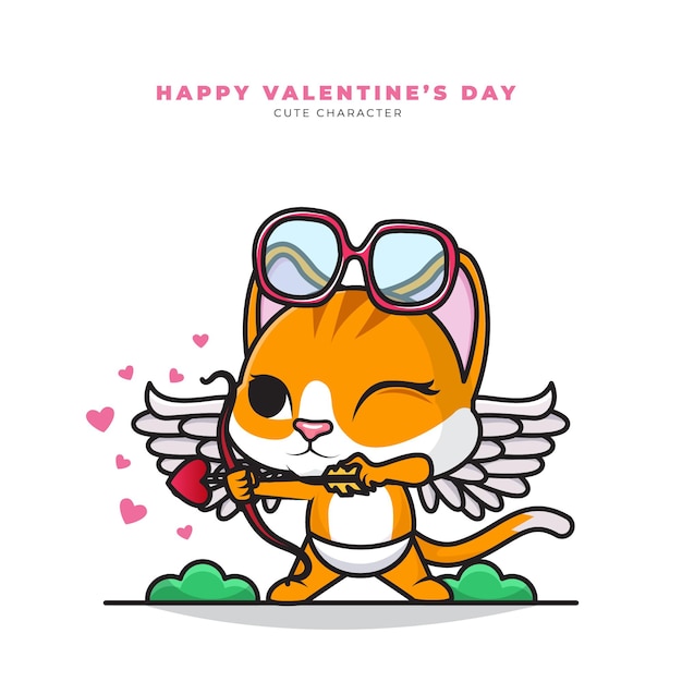 Personnage De Dessin Anime Mignon De Chat Cupidon Et Bonne Saint Valentin Vecteur Premium