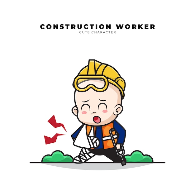 Personnage De Dessin Anime Mignon D Ouvrier De Construction De Bebe Avec Un Geste De Fracture Du Bras Et De La Jambe Vecteur Premium