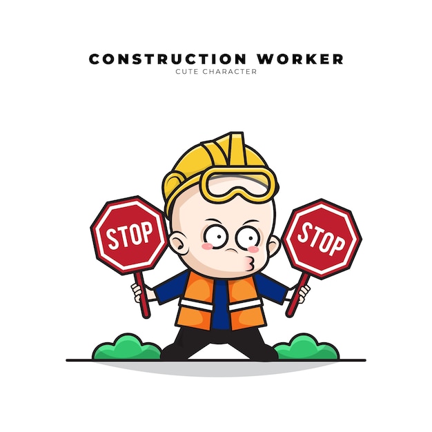 Personnage De Dessin Anime Mignon D Ouvrier De Construction De Bebe Tenait Un Panneau D Arret Dans Les Deux Mains Vecteur Premium