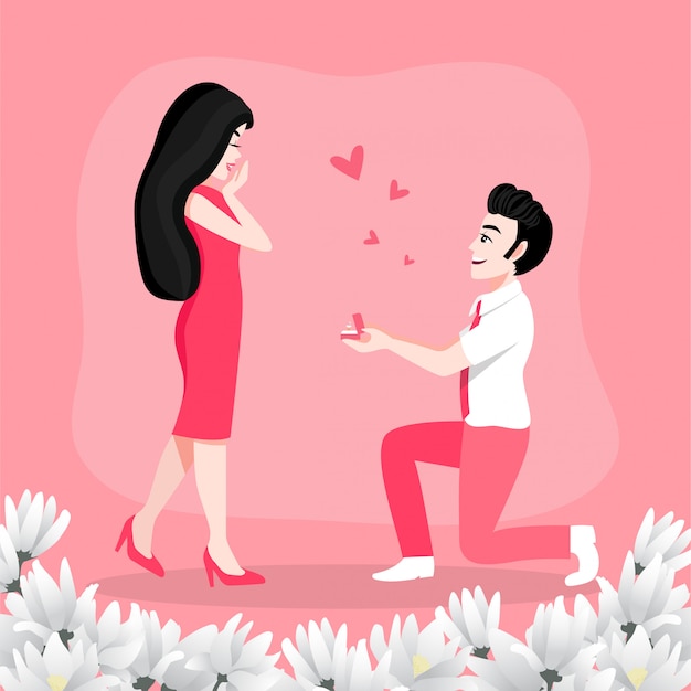 Personnage De Dessin Anime De La Saint Valentin Avec Un Joli Couple Amoureux L Homme Propose A La Femme A Genoux Vecteur Premium