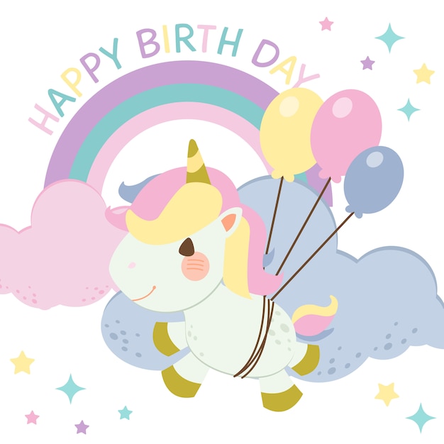 Le Personnage De Licorne Arc En Ciel Mignon Vole Sur Les Airs Avec Ballon Texte De Joyeux Anniversaire Le Personnage De Licorne Arc En Ciel Mignon En Style Vecteur Vecteur Premium