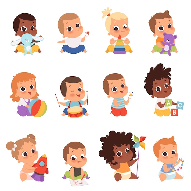 Personnages De Bebe Nouveaux Enfants Nes Jouant Des Jouets Enfance Heureuse Petits Bebes Illustration Bebe Enfant Nouveau Ne Avec Nounours Jouant Tout Petit Vecteur Premium