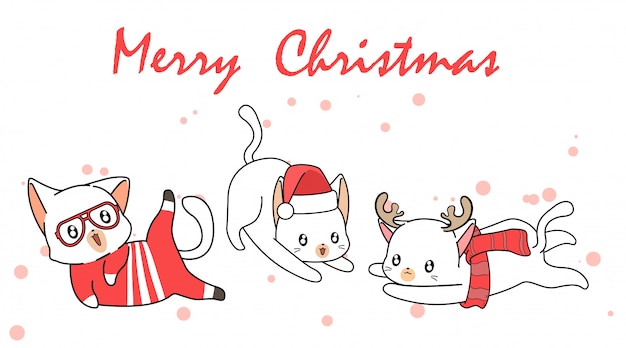 Personnages De Chat Kawaii Dessines A La Main Au Jour De Noel Vecteur Premium