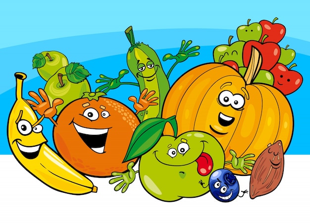 Personnages De Dessin Anime De Fruits Et Legumes Vecteur Premium