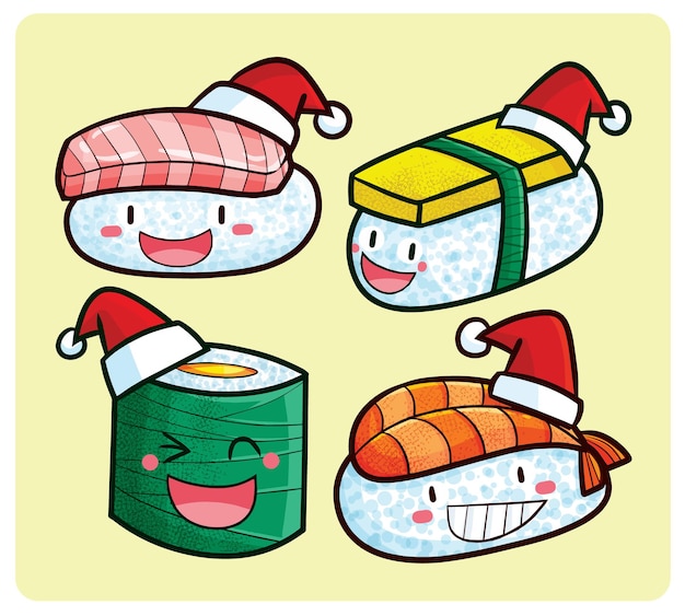 Personnages Drôles De Sushi De Noël Dans Un Style Kawaii | Vecteur Premium
