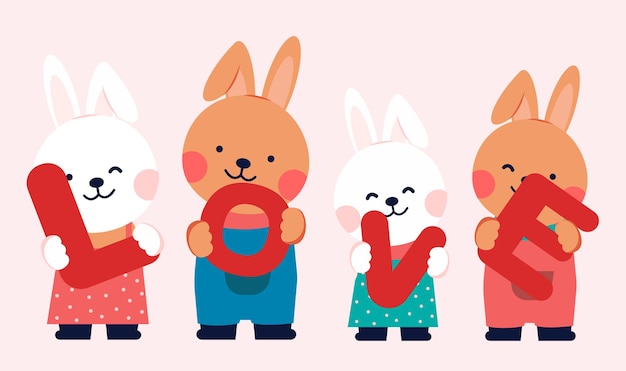 Personnages De Lapins De Dessin Anime Tenant Le Texte Love Vecteur Gratuite