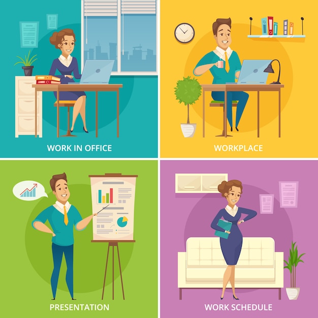 Personnel de bureau lieu de travail 4 icônes rétro avec personnages de dessins animés rétro sur fond coloré isolé Vecteur gratuit