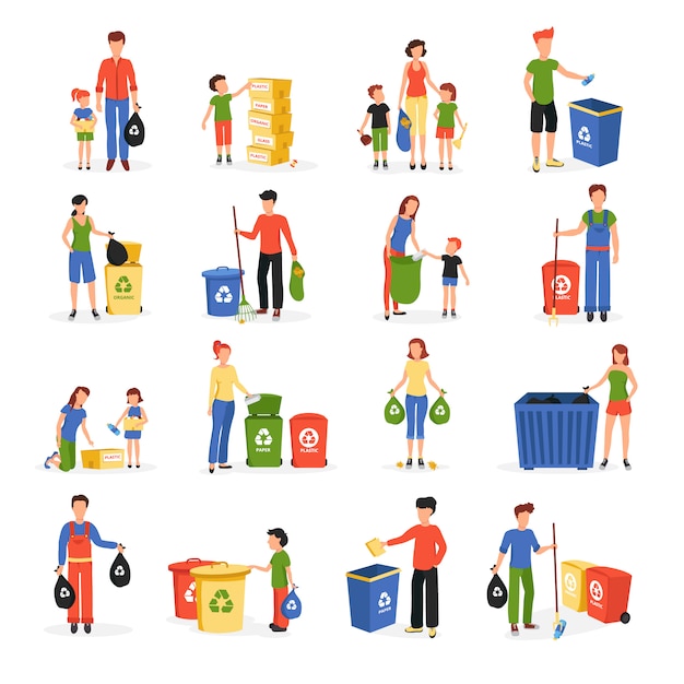 Personnes, collecte et tri des déchets pour le recyclage et la réutilisation, collection d'icônes plat abstrait isolé Vecteur gratuit
