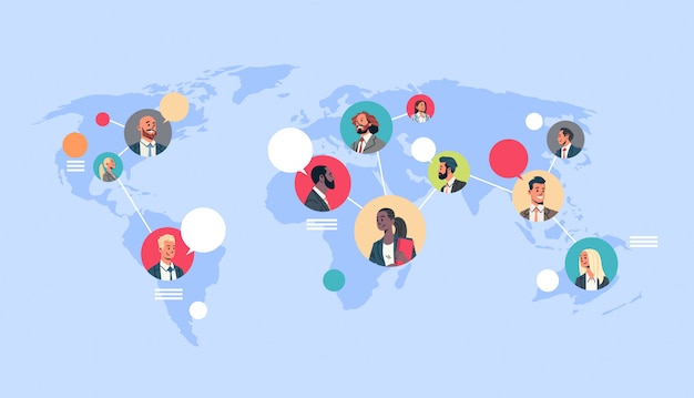 Personnes Reseau Carte Du Monde Chat Bulles Communication Globale Vecteur Premium