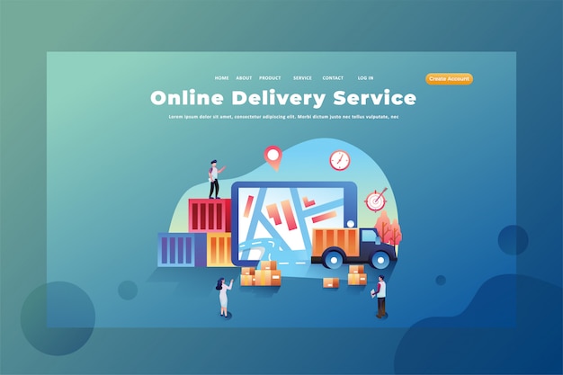 Ces Personnes Travaillent Comme Services De Livraison En Ligne Illustration De Modèle De Page De Destination De La Page Web De Livraison Et De Fret Vecteur Premium