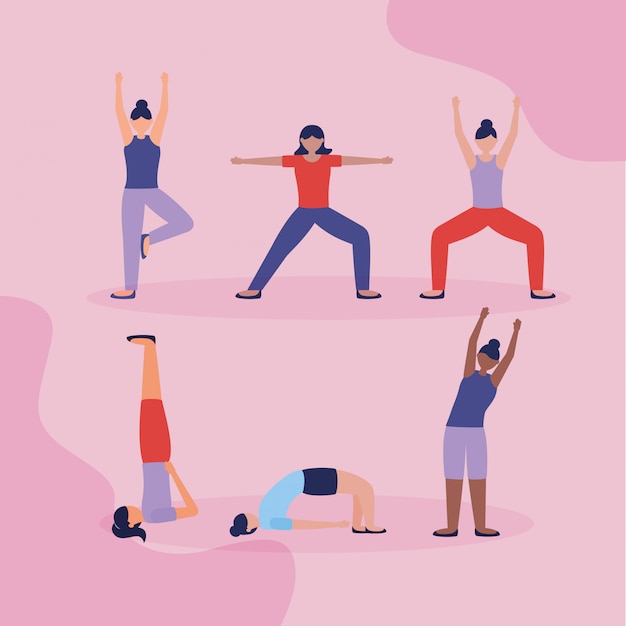 Personnes yoga en plein air dans un style plat Vecteur gratuit