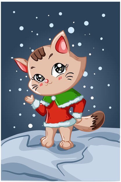 Un Petit Et Beau Chat Brun Portant Le Costume De Noel Dans La Nuit D Hiver Vecteur Premium