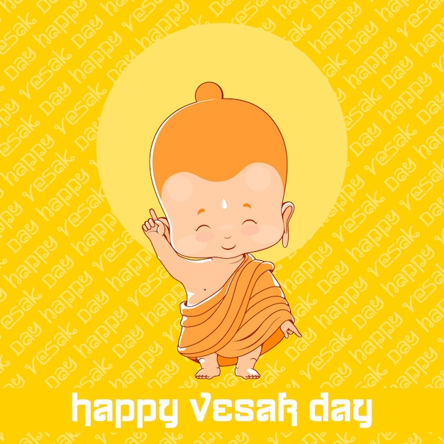 Petit Bouddha En Joyeux Jour De Vesak Carte De Voeux Jaune Vecteur Premium