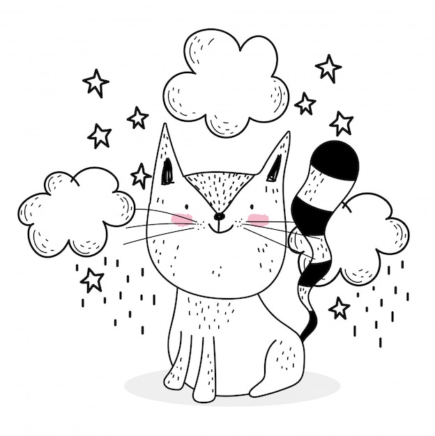 Petit Chat Nuages Etoiles Mignon Animaux Esquisser Faune Dessin Anime Adorable Vecteur Premium