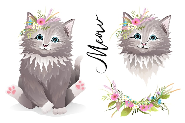 Petit Chaton Ou Chat Avec Des Fleurs Sur La Tete Et Juste Collection De Clipart De