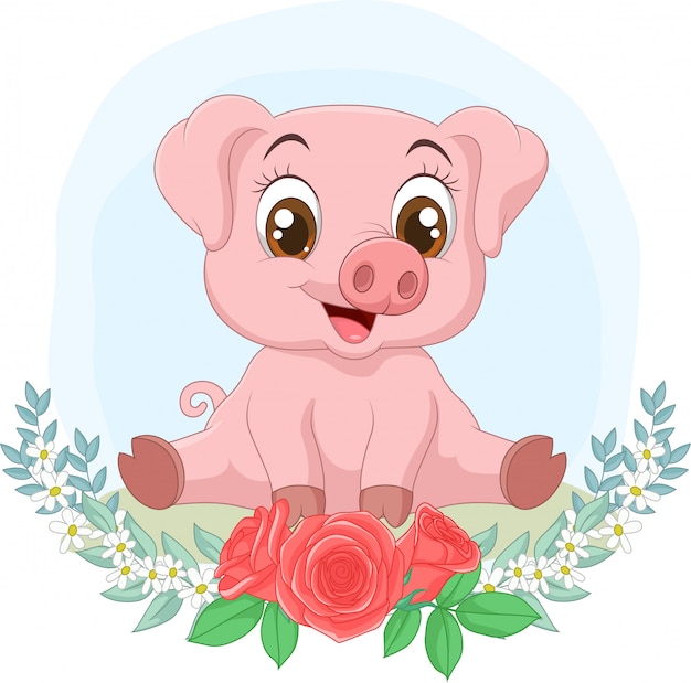 Petit Cochon Mignon Assis Avec Fond De Fleurs Vecteur Premium