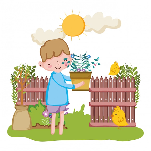 Petit garçon, levage, plante d'intérieur, à, barrière, et, poussin Vecteur Premium