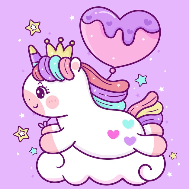 Petit Poney Mignon De Bande Dessinee De Licorne Avec L Animal Kawaii De Ballon De Gateau De Coeur D Anniversaire Vecteur Premium