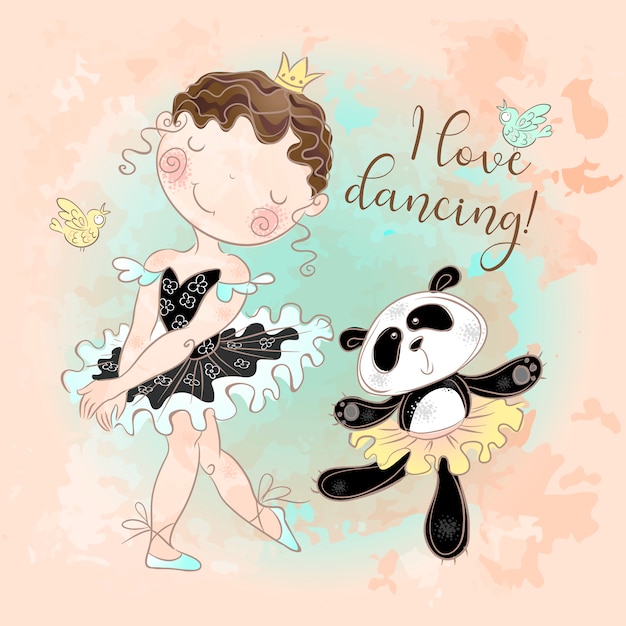 Petite ballerine dansant avec la ballerine panda. j'aime danser. Vecteur Premium