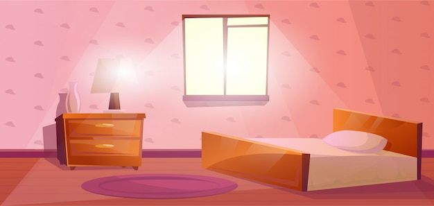 Petite chambre avec un grand lit, fenêtre et table de chevet. Vecteur Premium