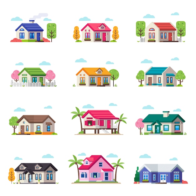 Petite collection de maison privée. vector house building set dans différents types Vecteur Premium