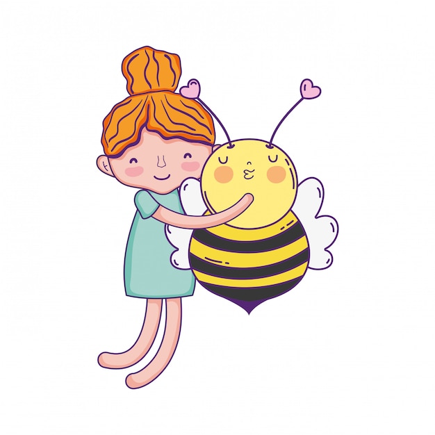 Petite Fille Avec Personnage Abeille Kawaii Vecteur Premium