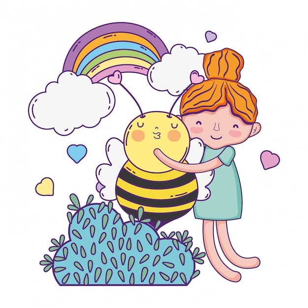 Petite Fille Avec Personnage Abeille Kawaii Vecteur Premium