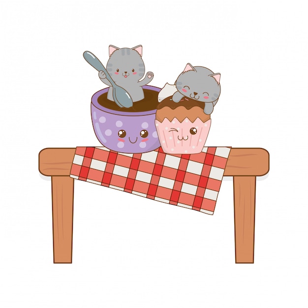 Petits Chats Mignons Avec Personnages Kawaii Cupcake