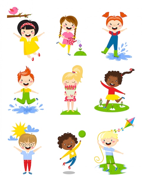 Petits enfants heureux au printemps jouant, arrosant des fleurs, sautant dans une flaque d'eau, etc. Vecteur Premium