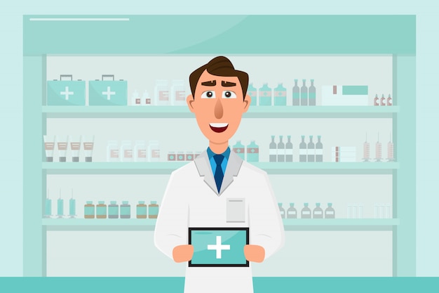 Pharmacie avec docteur en compteur Vecteur Premium