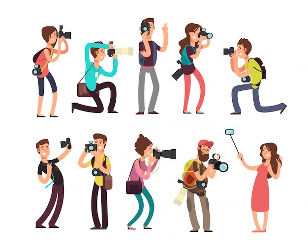 Photographe Professionnel Drôle Avec Photo Prenant Une Photo Dans Différentes Poses Jeu De Caractères De Dessin Animé Vecteur Premium