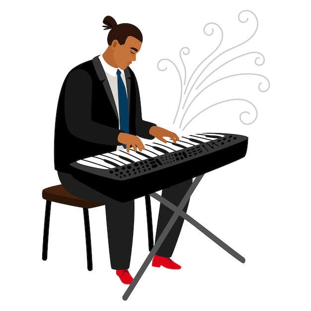 Le Pianiste De Jazz Joue Sur Le Personnage De Dessin Anime De Synthetiseur Vecteur Premium